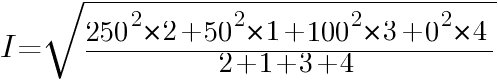 I=sqrt{{250^2*2+50^2*1+100^2*3+0^2*4}/{2+1+3+4}}